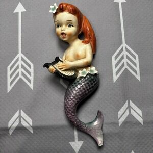 RARE MCM Ceramic LEFTON Red Head MERMAID With Harp 8.5"‎ Figurine Small Flaws